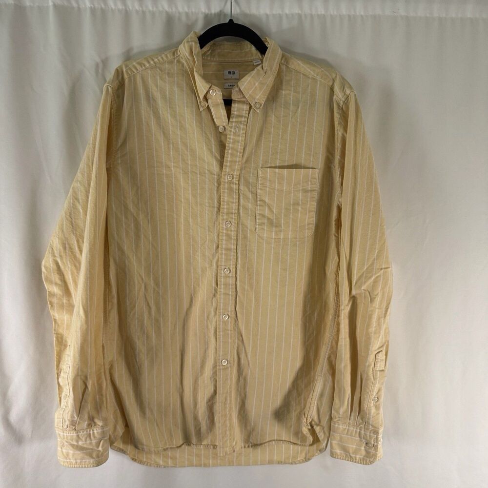 Uniqlo Dress Shirt Women's Large Yellow Striped Slim Fit Long Sleeve Button Up